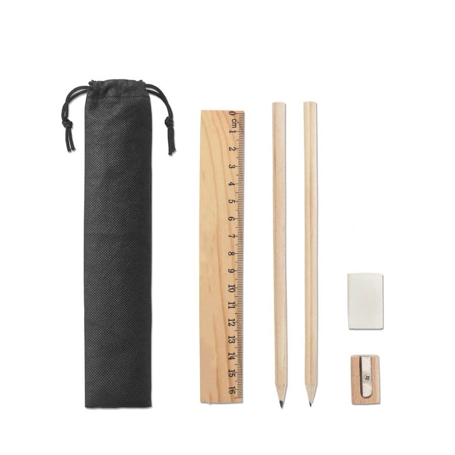 POCKETY. Skrivset levereras i en non-woven-påse