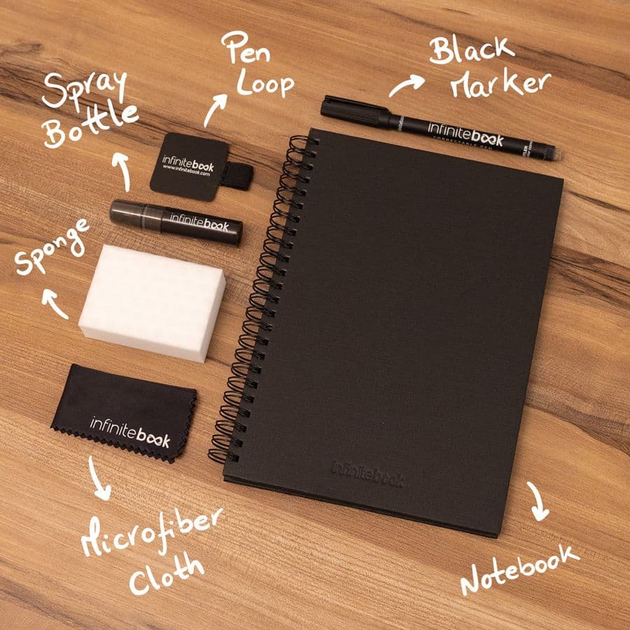 STARTER KIT INFINITEBOOK A5 PLANNER TEXTURE. Kit bestående av "Infinitebook" med hårt omslag, 1 rengöringskit, 1 tuschpenna och 1 kulspetspenna