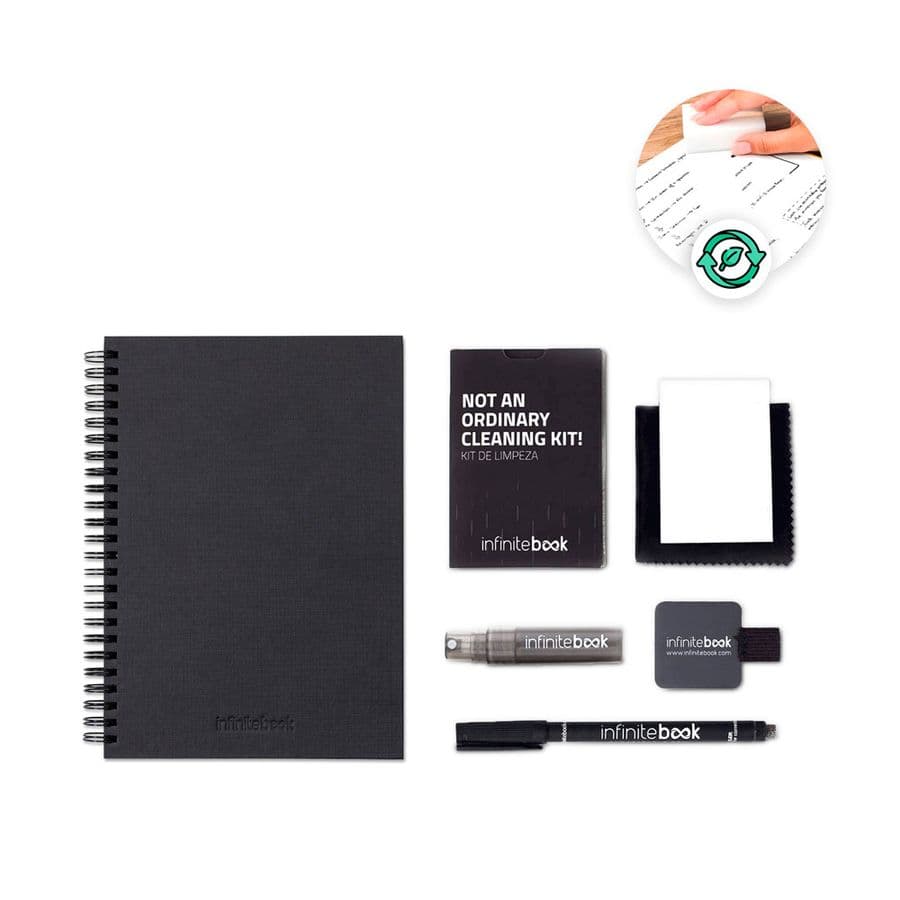 STARTER KIT INFINITEBOOK A5 PLANNER TEXTURE. Kit bestående av "Infinitebook" med hårt omslag, 1 rengöringskit, 1 tuschpenna och 1 kulspetspenna