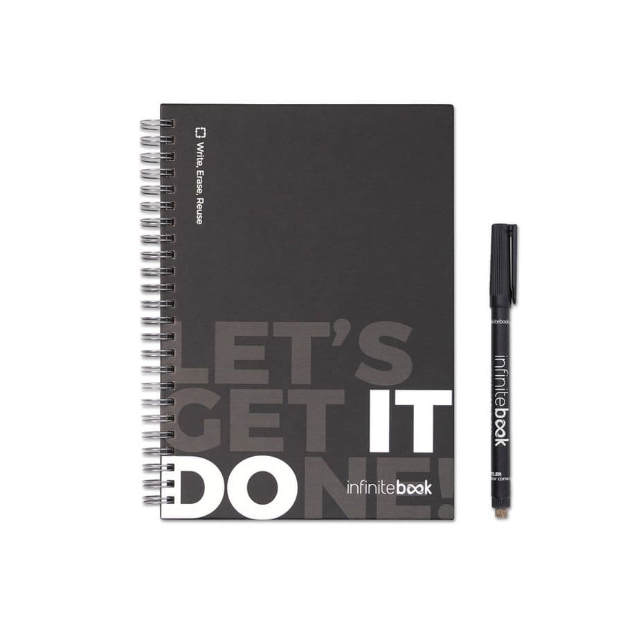 STARTER KIT INFINITEBOOK. Infinitebook"-kit med inbunden pärm, 1 rengöringskit, 1 markörpenna och 1 kulspetspenna Svart