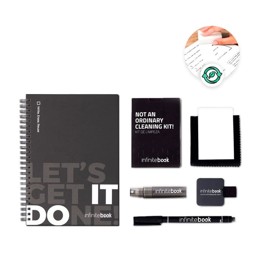 STARTER KIT INFINITEBOOK. Infinitebook"-kit med inbunden pärm, 1 rengöringskit, 1 markörpenna och 1 kulspetspenna