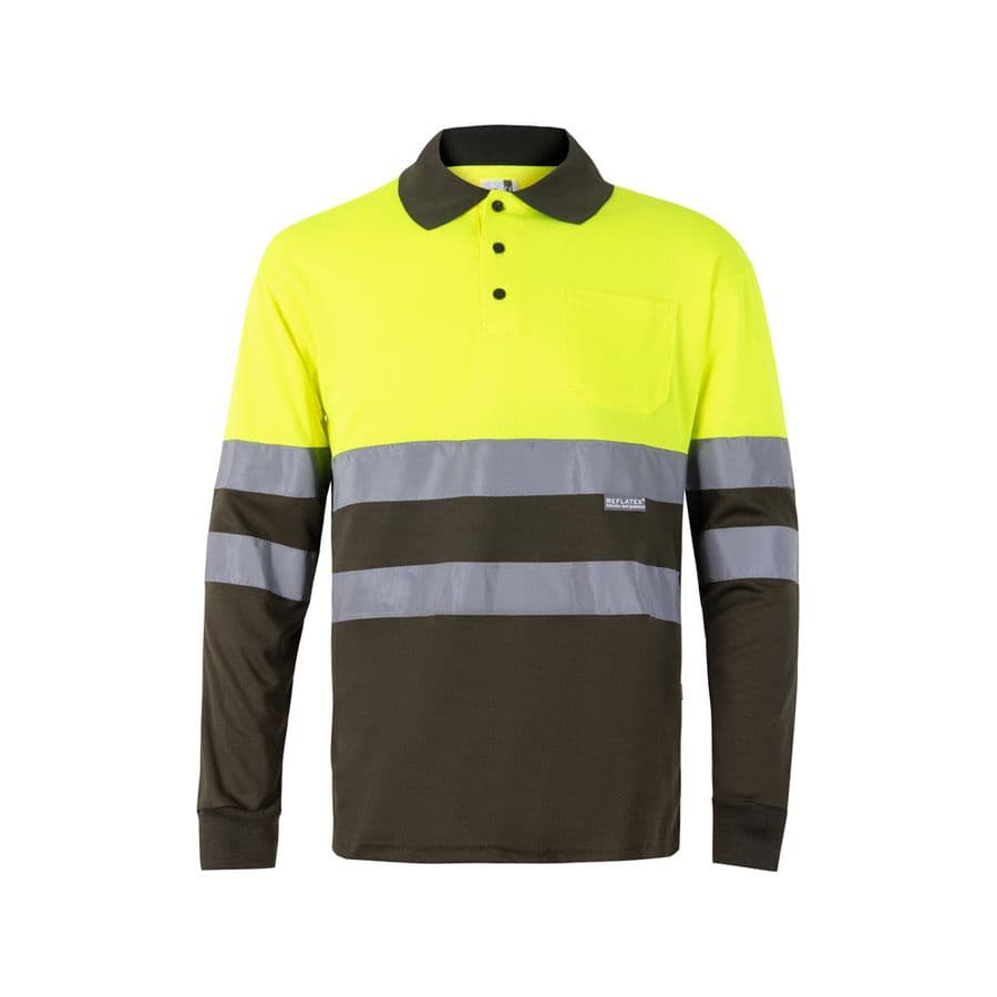 VL VULCAN LARGE. Tvåfärgad pikétröja med fågelögon (160g/m²) med långa ärmar, i polyester (100%) Militärgrön