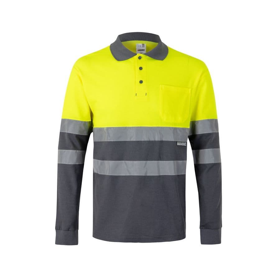 VL PLUTO. Tvåfärgad pikétröja (150g/m²) med långa ärmar, i bomull (55%) och polyester (45%) Grå