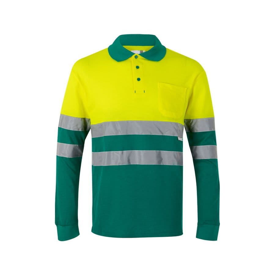 VL PLUTO. Tvåfärgad pikétröja (150g/m²) med långa ärmar, i bomull (55%) och polyester (45%) Grön