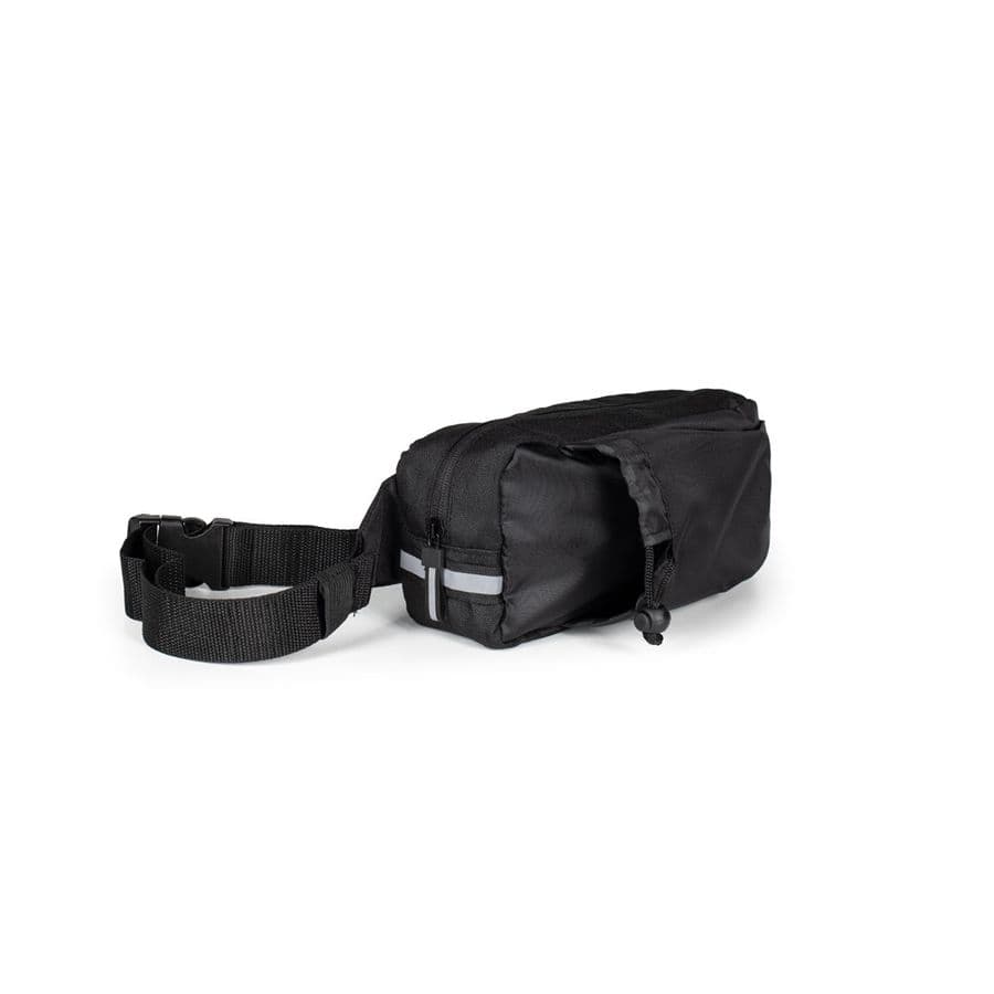 DELFOS POUCH SHINY. Midjeväska av 300D med återvunnen polyester (blank yta) och 600D medåtervunnen polyester med reflekterande element och foder av 210D återvunnet polyester