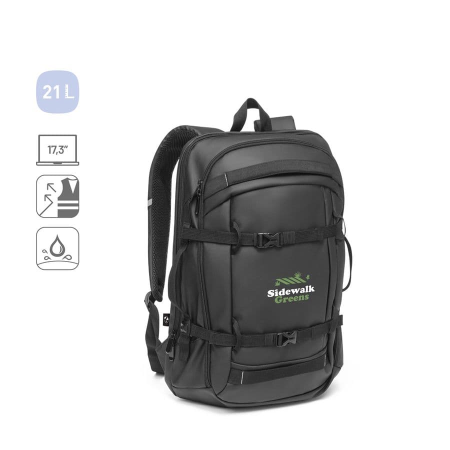 KAMPALA. Laptopryggsäck i 900D, återvunnen polyester med hög densitet, med vattenavvisande beläggning och foder av 210D återvunnen polyester 17'3"
