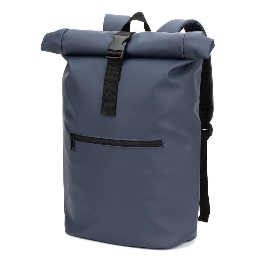 PORTLAND. PU-ryggsäck med roll-top och en 16" laptopficka Blå