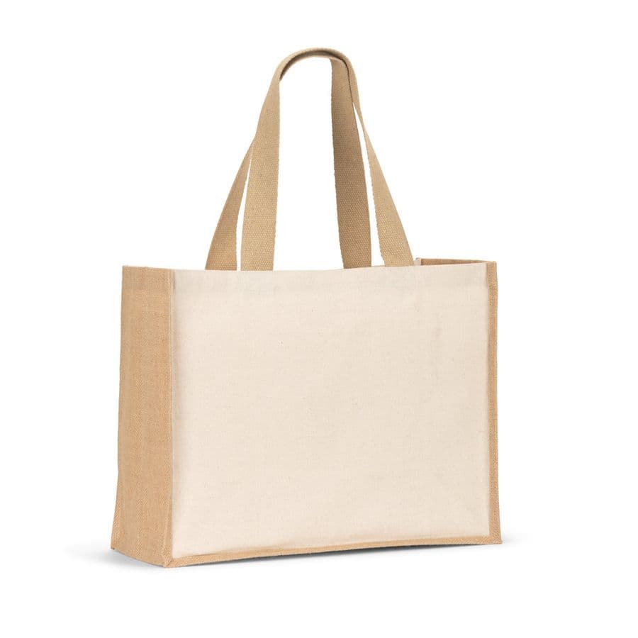 HELSINQUE. Canvaspåse (320 g/m²), med botten och sidor i laminerad jute (350 g/m²) i naturliga toner Naturfärg