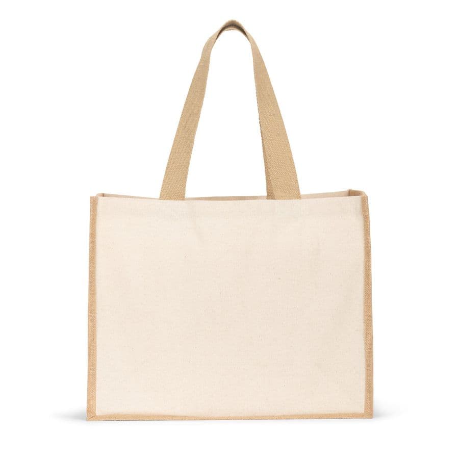 HELSINQUE. Canvaspåse (320 g/m²), med botten och sidor i laminerad jute (350 g/m²) i naturliga toner