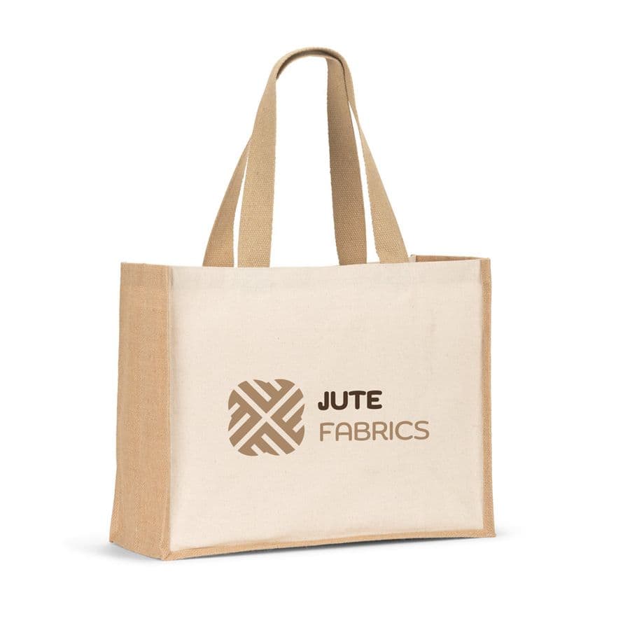 HELSINQUE. Canvaspåse (320 g/m²), med botten och sidor i laminerad jute (350 g/m²) i naturliga toner