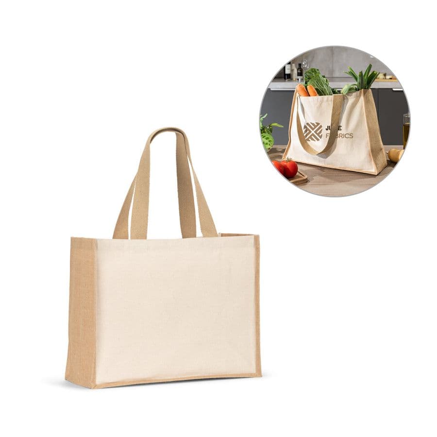 HELSINQUE. Canvaspåse (320 g/m²), med botten och sidor i laminerad jute (350 g/m²) i naturliga toner