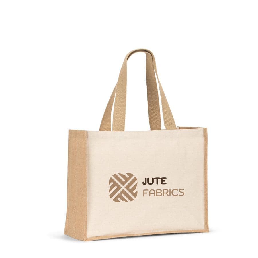 HELSINQUE. Canvaspåse (320 g/m²), med botten och sidor i laminerad jute (350 g/m²) i naturliga toner