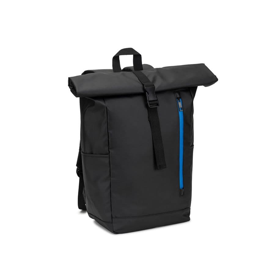 OSASCO BPACK. Ryggsäck med rulltopp och dragkedja som gör att toppen kan rullas upp för att passa ryggsäckens volym, tillverkad av 600D återvunnen polyester Kungsblå