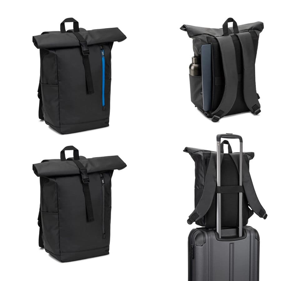 OSASCO BPACK. Ryggsäck med rulltopp och dragkedja som gör att toppen kan rullas upp för att passa ryggsäckens volym, tillverkad av 600D återvunnen polyester