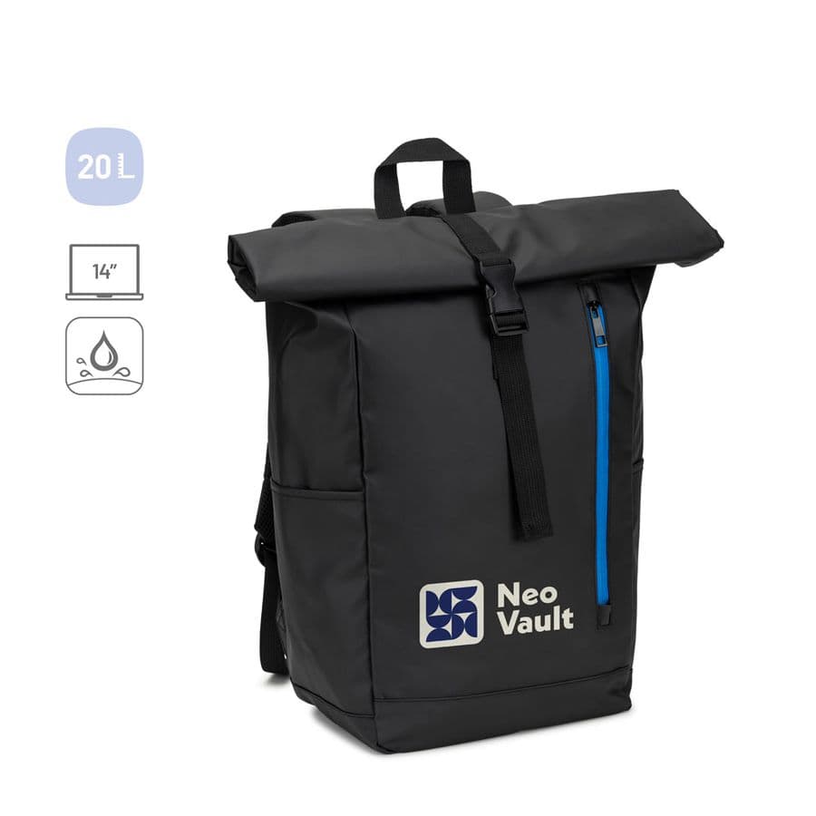 OSASCO BPACK. Ryggsäck med rulltopp och dragkedja som gör att toppen kan rullas upp för att passa ryggsäckens volym, tillverkad av 600D återvunnen polyester