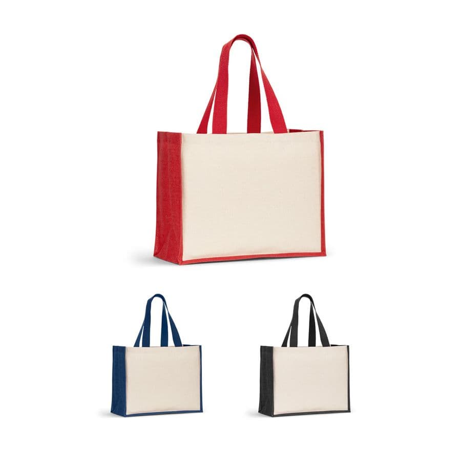 HELSINQUE COLOUR. Canvaspåse (320 g/m²), med botten och sidor i laminerad jute (350 g/m²) i olika färger