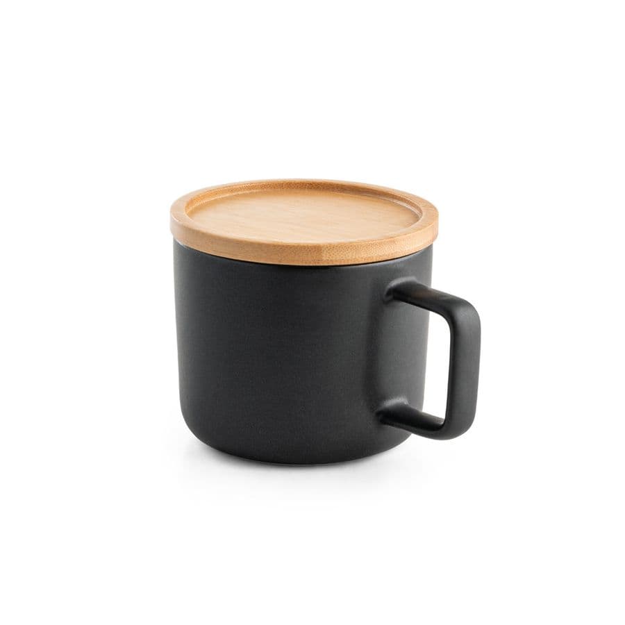 FANGIO. 220 mL keramisk mugg med lock och bambubotten Svart