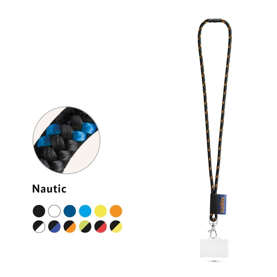BRIDPORT. SET Lanyard NAUTIC Lång (Ø 7 mm) med 9 mm avtryckarkarbinhake, Ø 7 mm säkerhetsspänne och 91 x 68 mm styv namnskylts-/korthållare