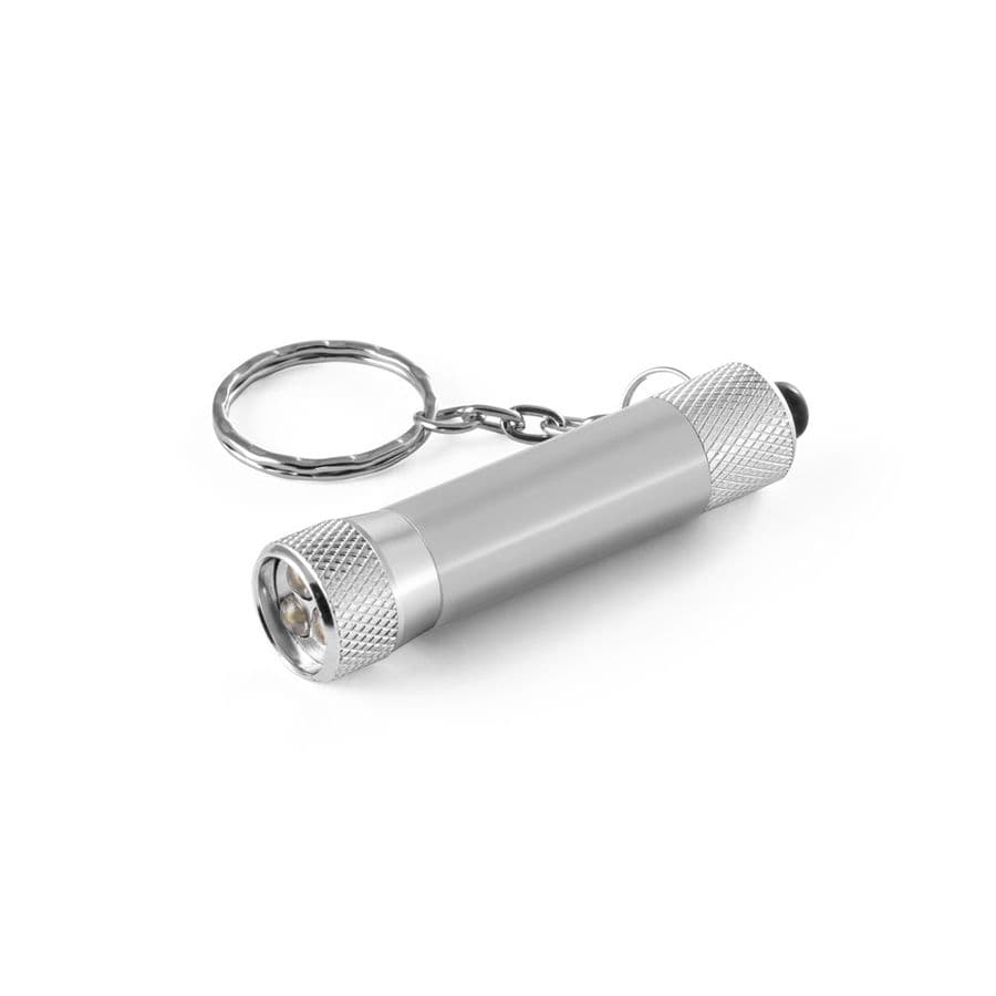 RE-LERGAN. Nyckelring i aluminium (92 % återvunnen) med 3-ljus LED-ficklampa Satinsilver