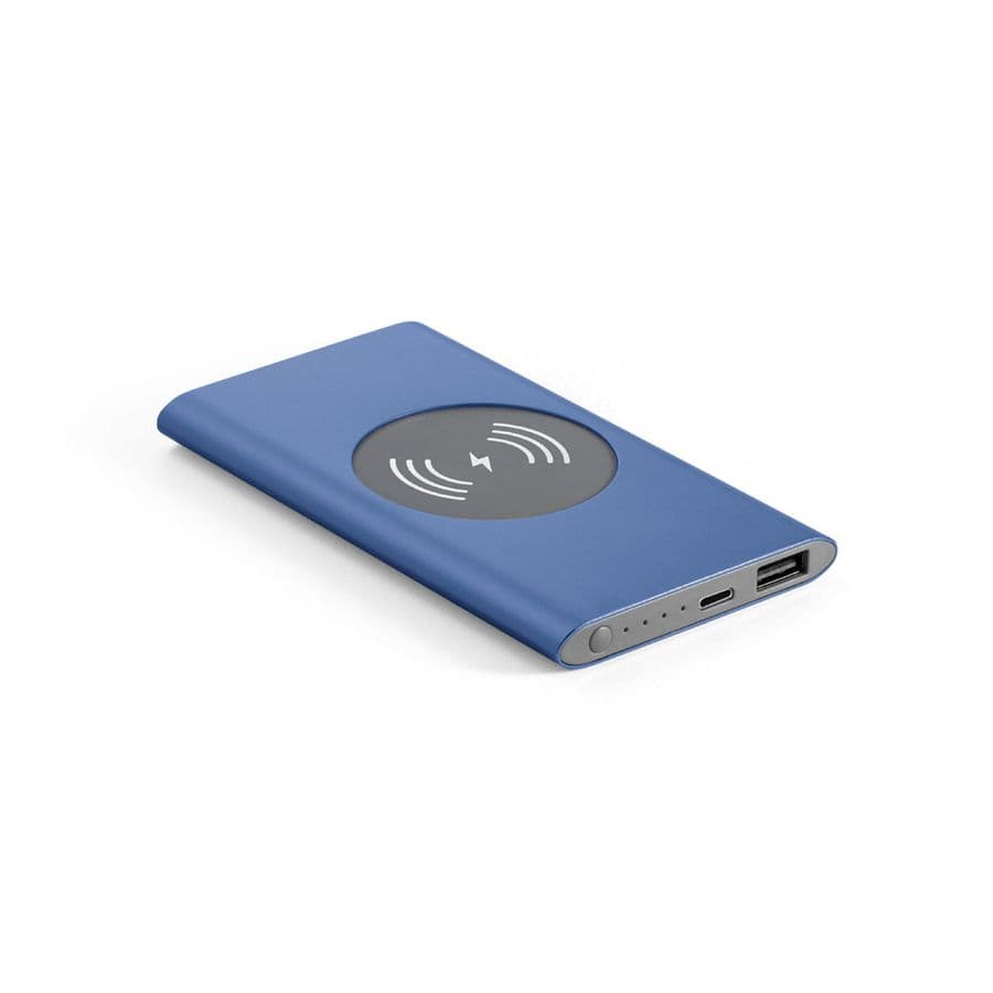 CASSINI. Powerbank 4 000 mAh med 5W trådlös laddare i återvunnet aluminium (100% rAL) Blå