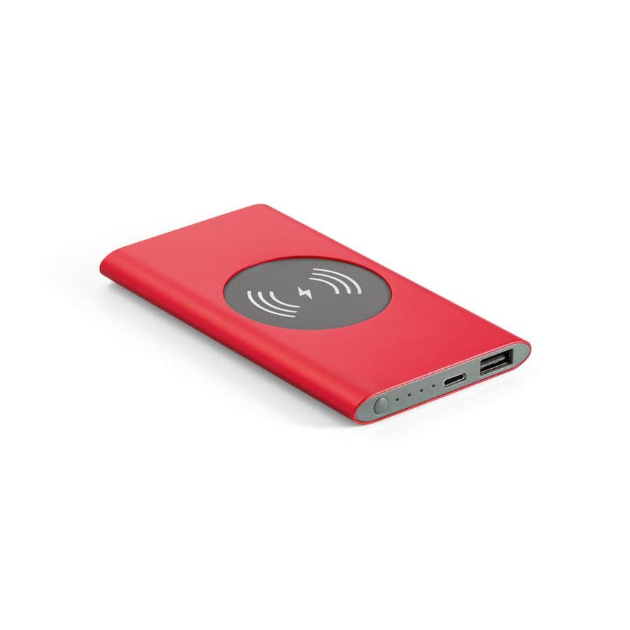 CASSINI. Powerbank 4 000 mAh med 5W trådlös laddare i återvunnet aluminium (100% rAL) Röd