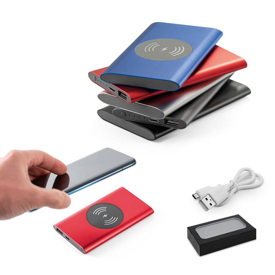 CASSINI. Powerbank 4 000 mAh med 5W trådlös laddare i återvunnet aluminium (100% rAL)