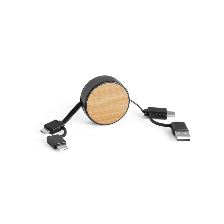 RUBINS. 6-i-1 infällbar USB-kabel i återvunnen ABS (100 % rABS) och bambu Svart