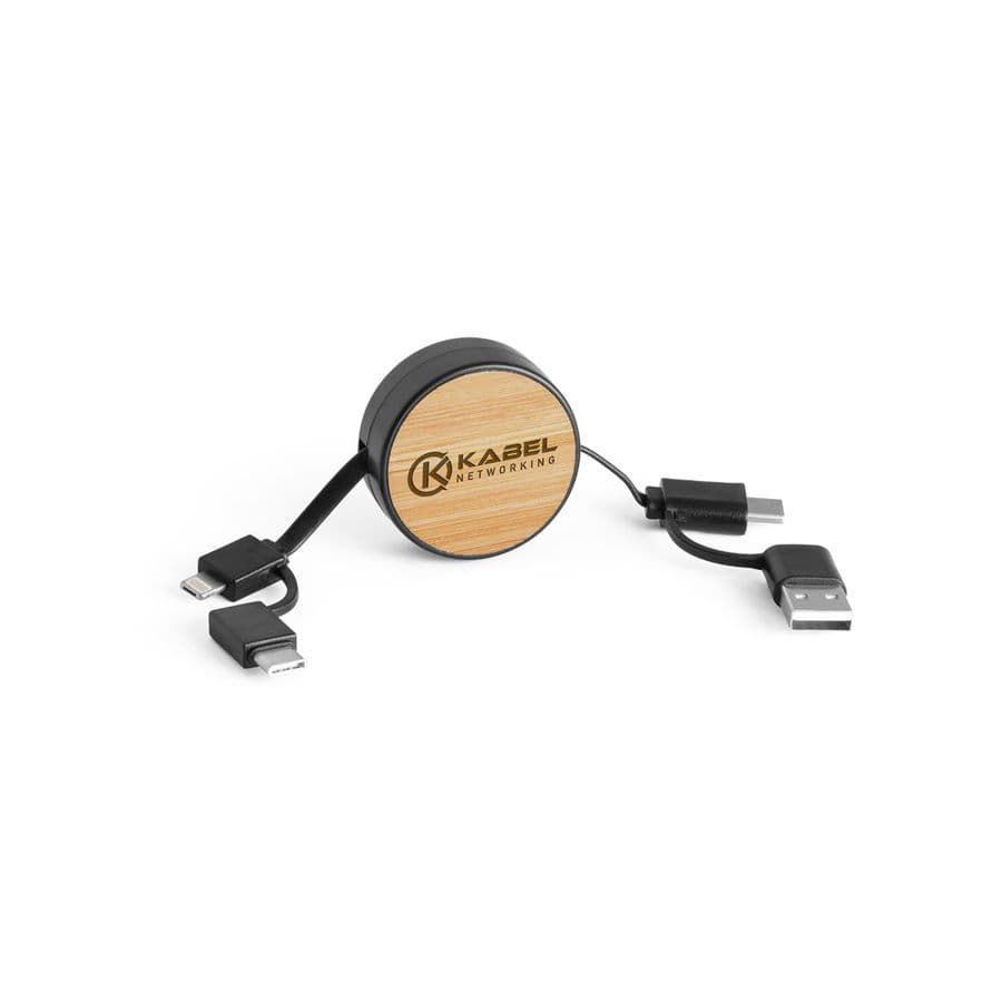 RUBINS. 6-i-1 infällbar USB-kabel i återvunnen ABS (100 % rABS) och bambu