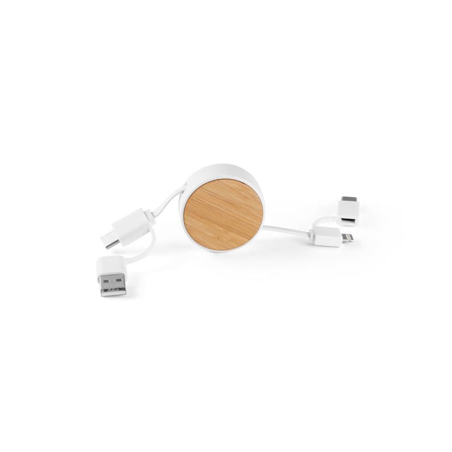 RUBINS. 6-i-1 infällbar USB-kabel i återvunnen ABS (100 % rABS) och bambu Vit
