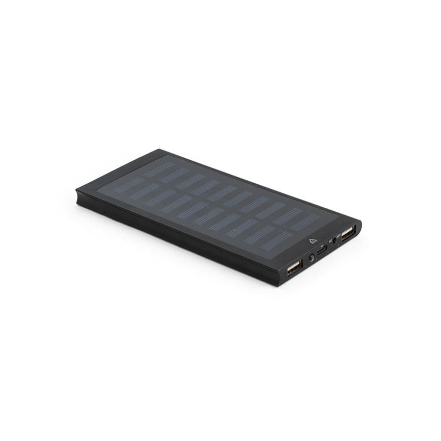 CLERK. 8 000 mAh powerbank med solpanel i 100 % återvunnen aluminium Svart
