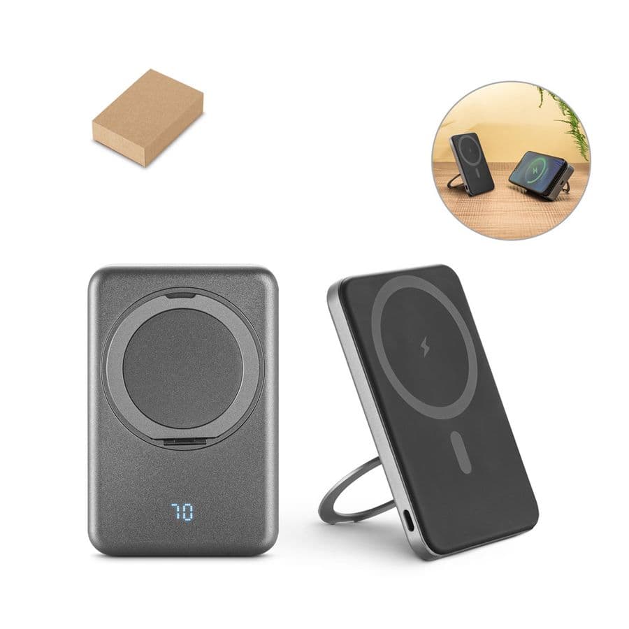 WARSHEL 5. 5 000 mAh magnetisk powerbank med 15 W supersnabb trådlös laddare i återvunnen ABS (100 % rABS) med stativ