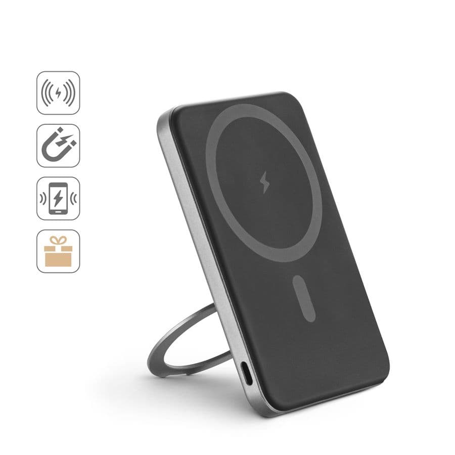 WARSHEL 5. 5 000 mAh magnetisk powerbank med 15 W supersnabb trådlös laddare i återvunnen ABS (100 % rABS) med stativ