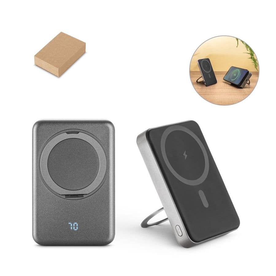WARSHEL 10. 10 000 mAh magnetisk powerbank med 15 W supersnabb trådlös laddare i återvunnen ABS (100 % rABS) med stativ