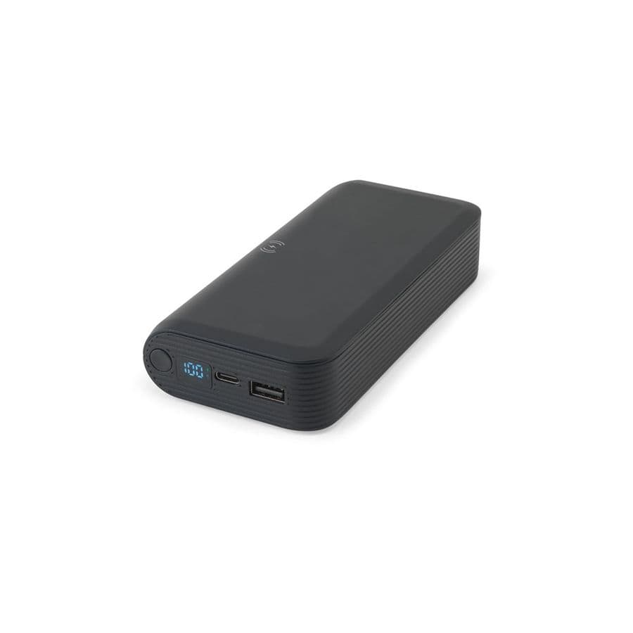 BECKER 20. 20 000 mAh powerbank i återvunnen ABS (100 % rABS) med 15 W supersnabb trådlös laddare Svart