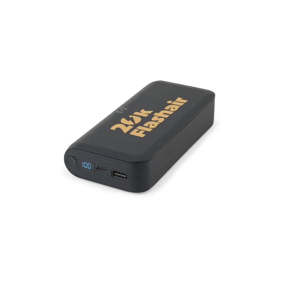 BECKER 20. 20 000 mAh powerbank i återvunnen ABS (100 % rABS) med 15 W supersnabb trådlös laddare