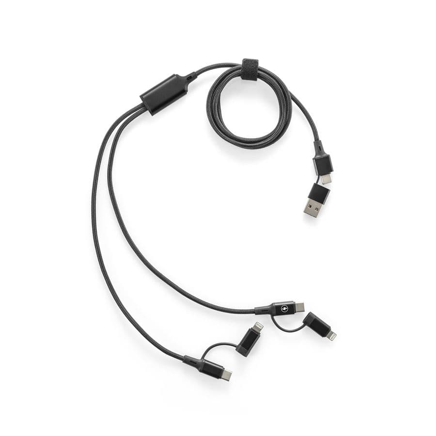 BERTOZZI. Supersnabb 6-i-1 USB-kabel i återvunnen aluminium (20 %) och återvunnen PET (4 %) Svart
