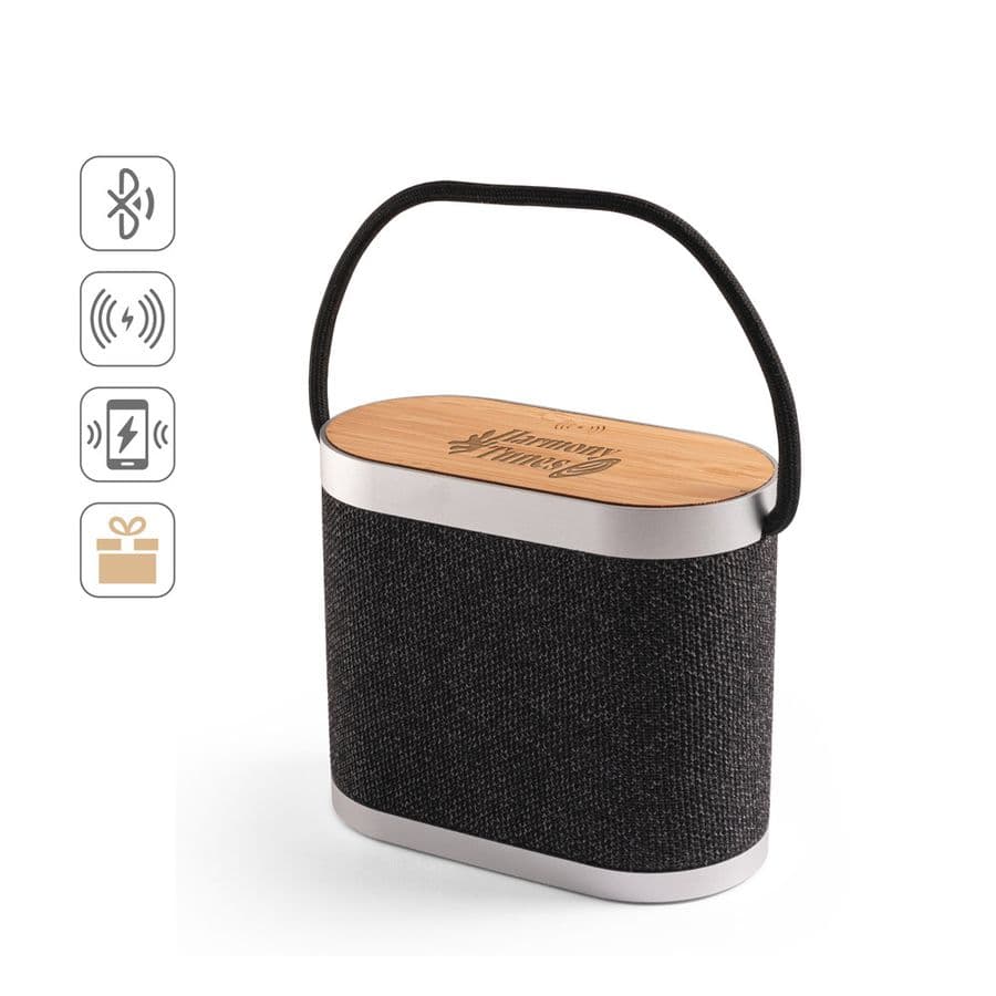 GUETTA. 5W bärbar högtalare med supersnabb 15W trådlös laddare och 2 timmars batteritid gjord av bambu och återvunnen PET (100 % rPET)