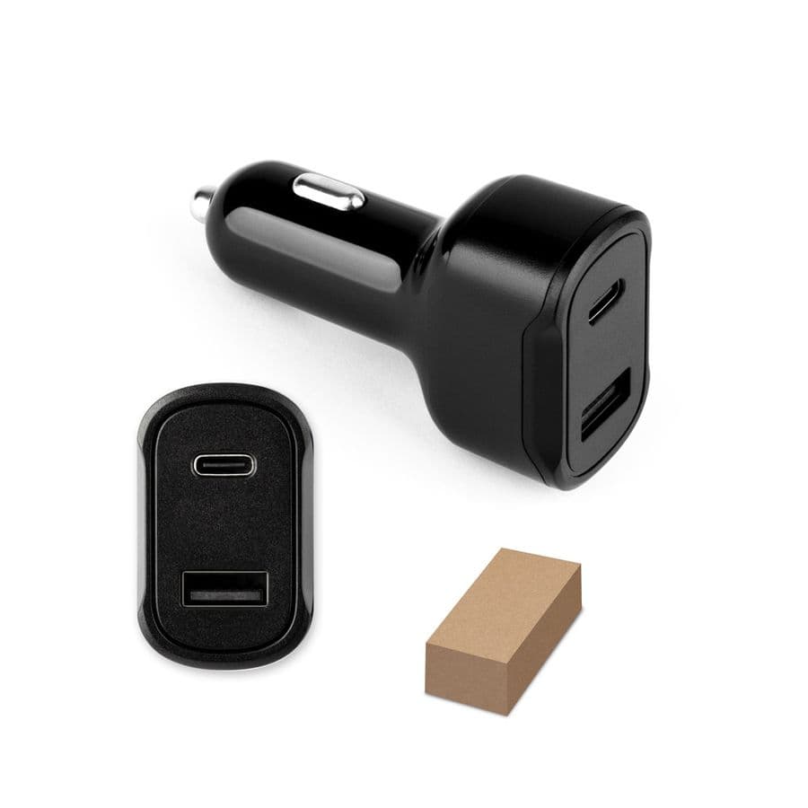 DIRAC. Cigarettändaradapter med USB-A-port 18W och USB-C 20W i Återvunnen ABS (100% rABS)