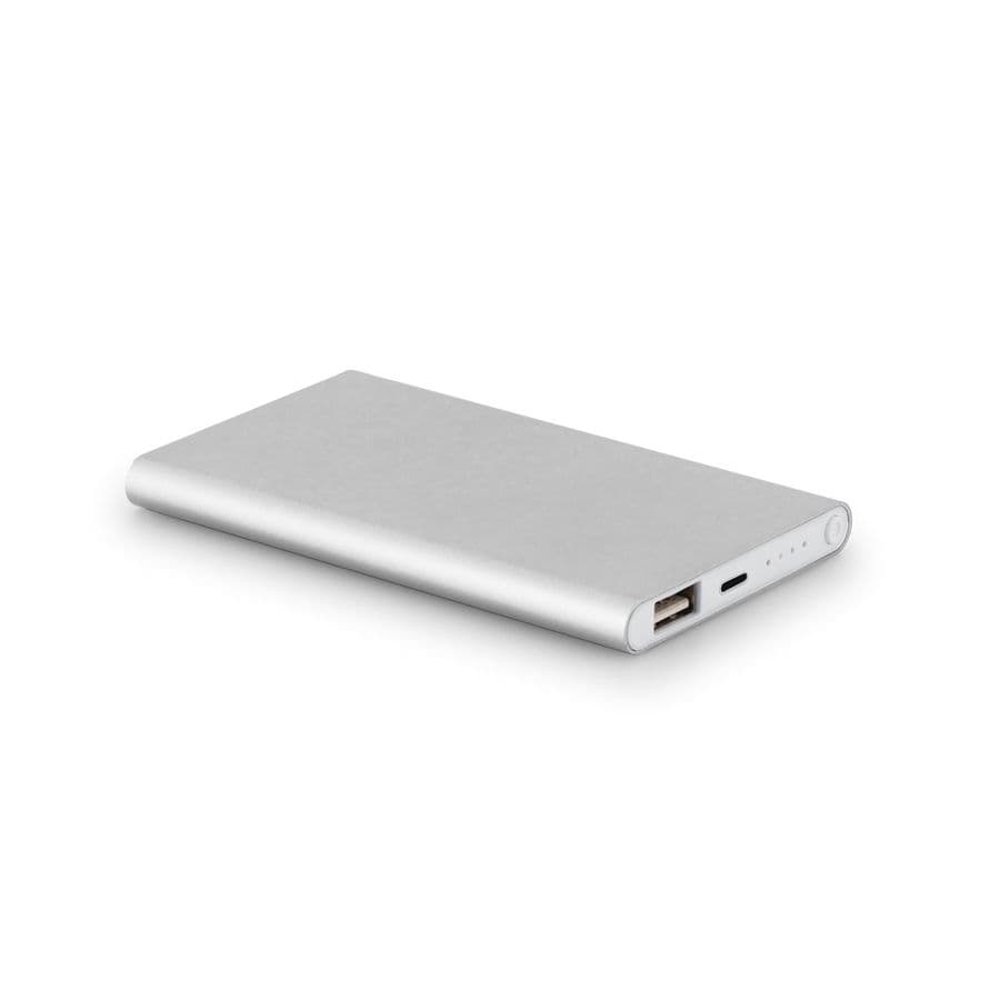 MARCET. Powerbank slimmad 4'000 mAh i återvunnen ABS (70% rABS) och återvunnen ABS (100 % rABS) Satinsilver