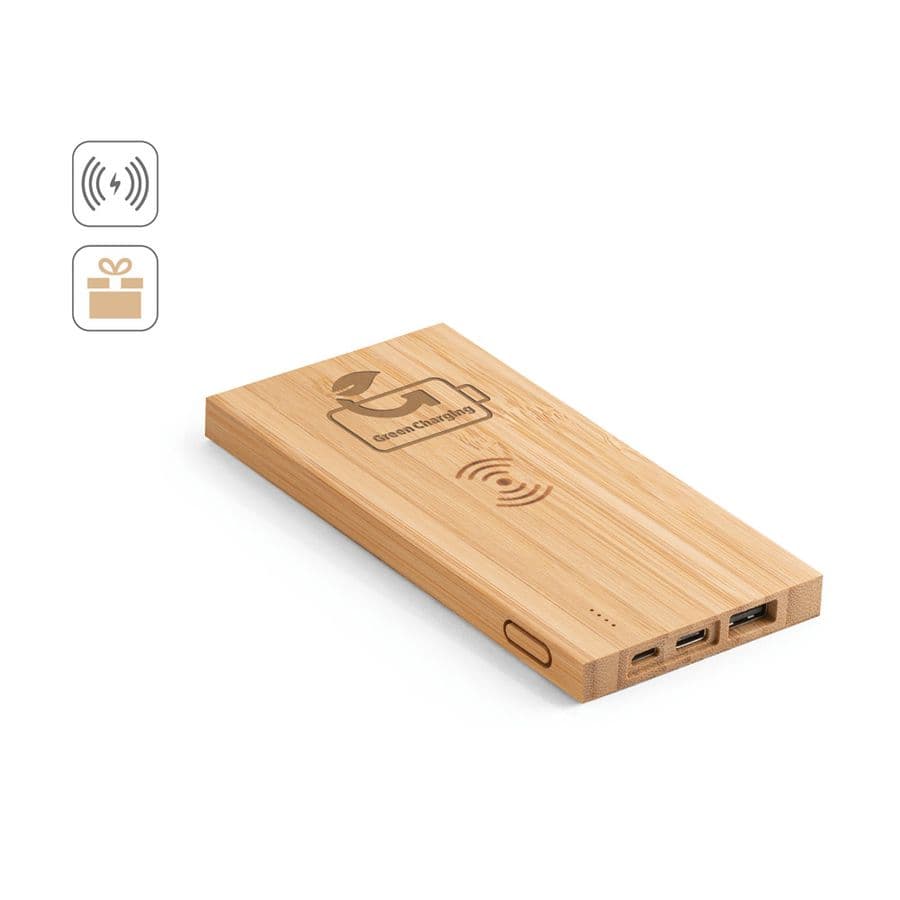 FITCH. Powerbank 5 000 mAh med 5W trådlös laddare i bambuso