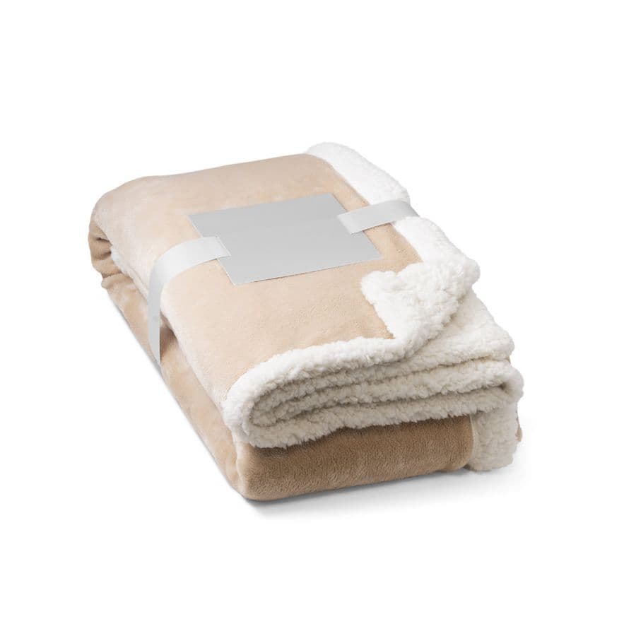 HEIDEN. Vändbar fleecefilt (190 g/m²) med satinband och personligt kort Beige