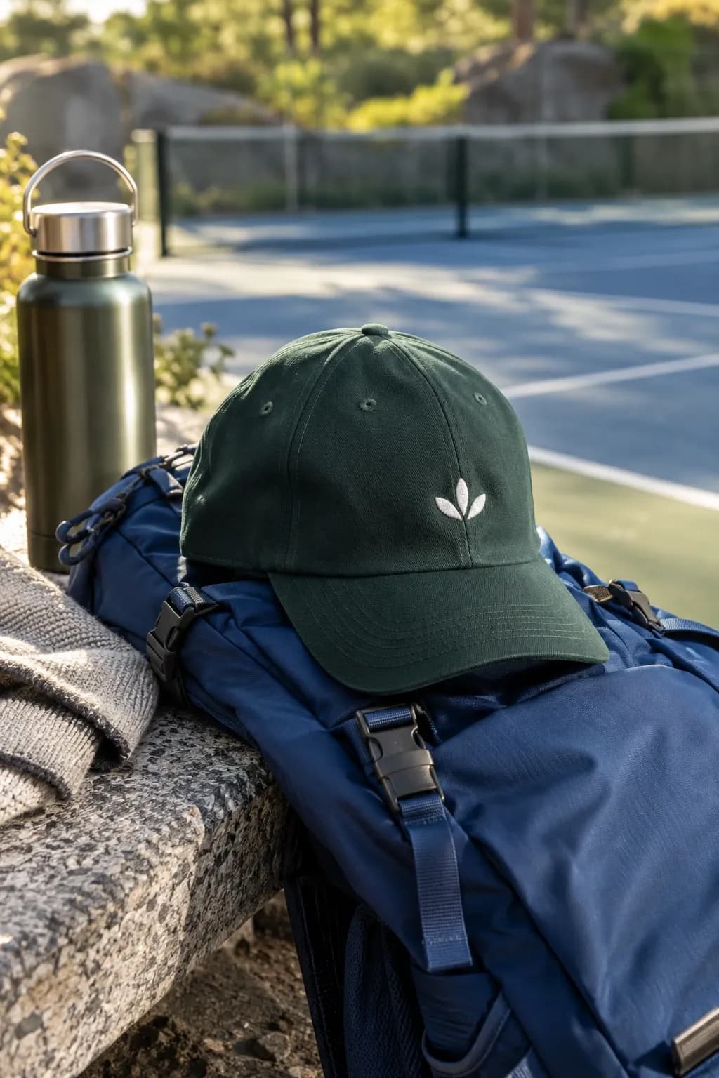 Grön keps med broderad logotyp på en blå ryggsäck vid en tennisbana