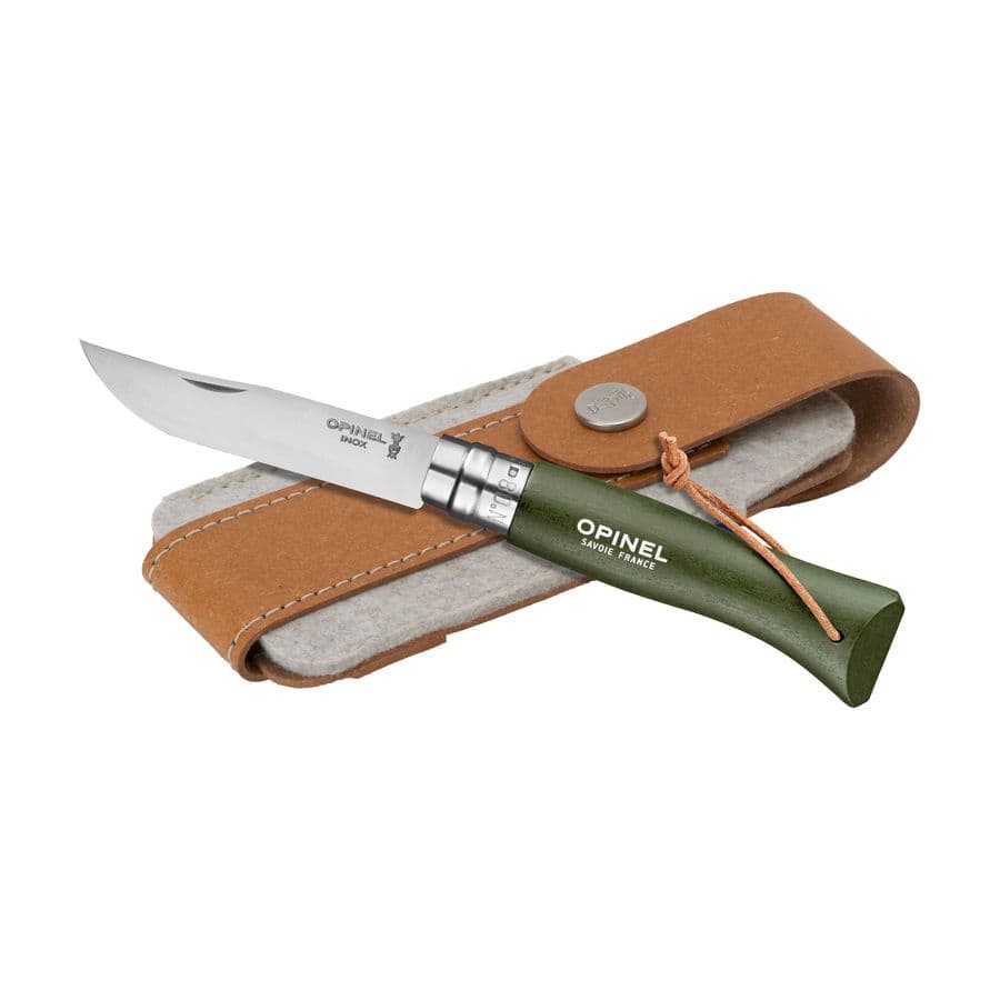 Opinel Colorama No 08 pocket knife in a belt pouch Grön