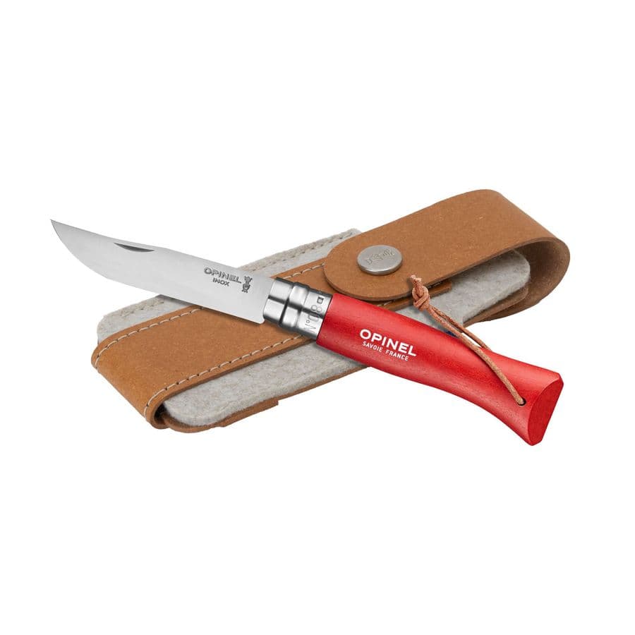 Opinel Colorama No 08 pocket knife in a belt pouch Röd
