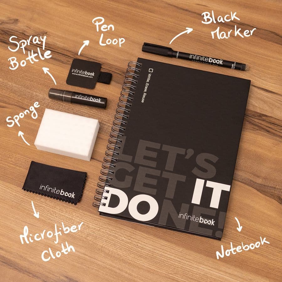 STARTER KIT INFINITEBOOK. Infinitebook"-kit med inbunden pärm, 1 rengöringskit, 1 markörpenna och 1 kulspetspenna