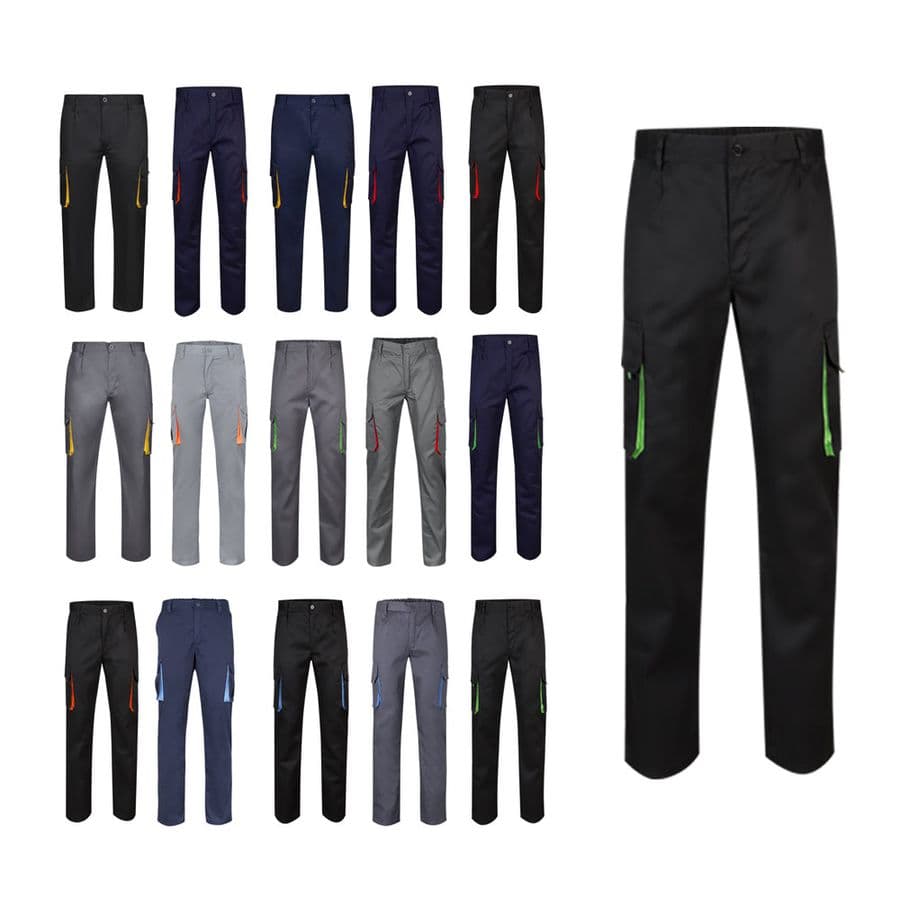 VL HYPNOS. Tvåfärgade byxor i twill med flera fickor (200g/m²), i bomull (35%) och polyester (65%)