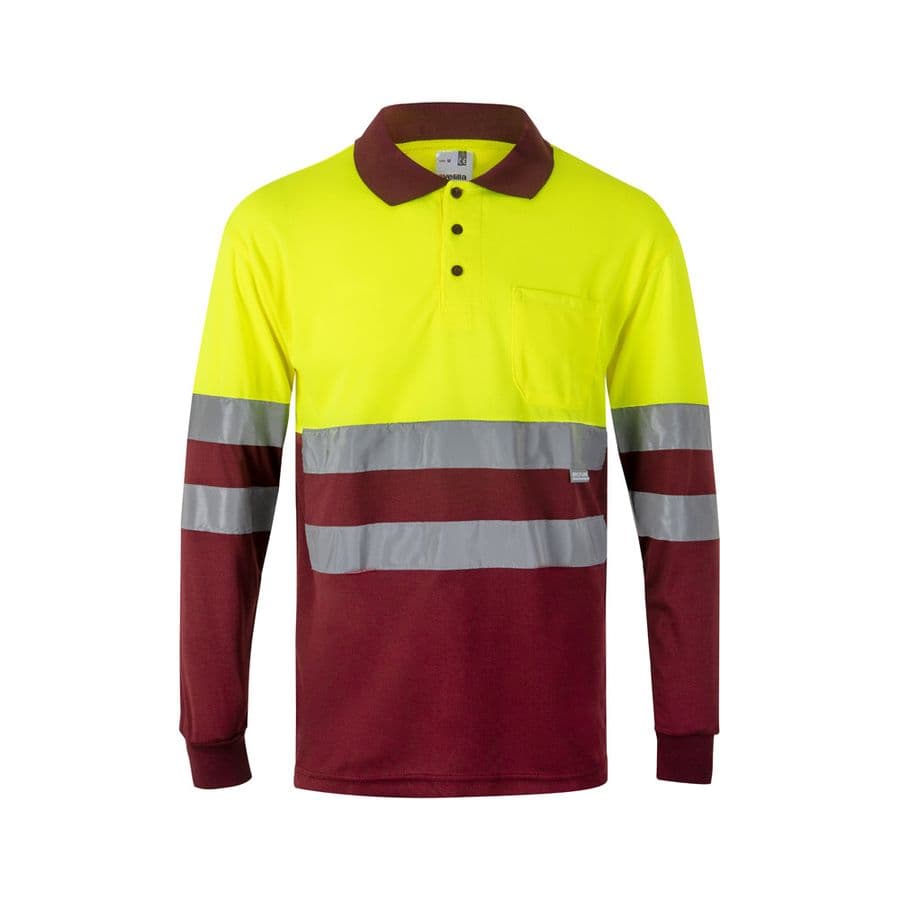 VL VULCAN LARGE. Tvåfärgad pikétröja med fågelögon (160g/m²) med långa ärmar, i polyester (100%) Vinröd