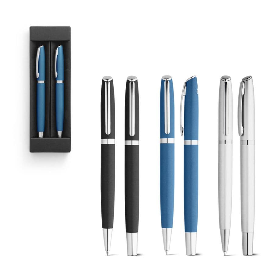 RE-LANDO-SET. Rollerball och kulspetspenna som set med kropp i återvunnen aluminium (100 % rAL)