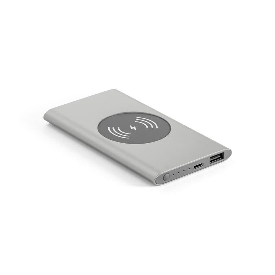 CASSINI. Powerbank 4 000 mAh med 5W trådlös laddare i återvunnet aluminium (100% rAL) Satinsilver