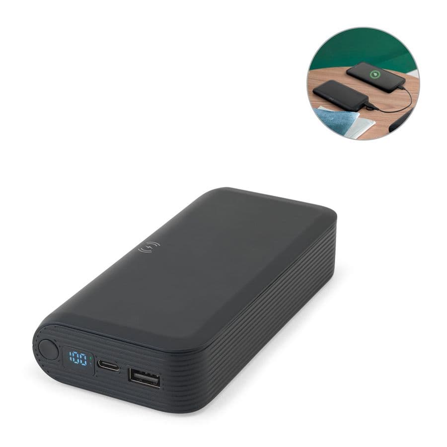 BECKER 20. 20 000 mAh powerbank i återvunnen ABS (100 % rABS) med 15 W supersnabb trådlös laddare